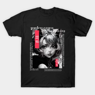 Short haired cat girl in black and white anime style | alternative gothic clothing | grunge | dark | japan T-Shirt